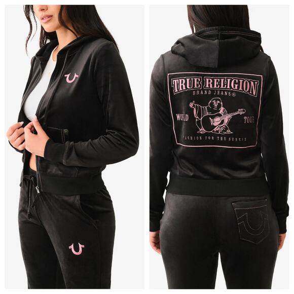 True Religion Sweaters - True Religion Velour Lurex Big T Zip Hoodie Black Pink Women’s Size Small